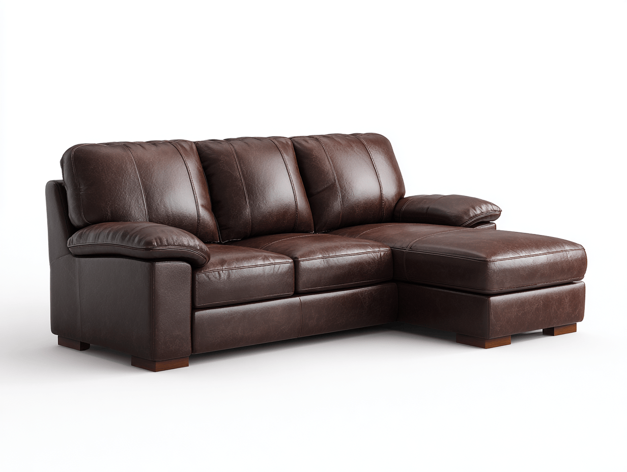 Canapé d'angle – cuir synthétique marron foncé – avec méridienne intégrée et coussins rembourrés