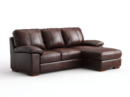 Canapé d'angle – cuir synthétique marron foncé – avec méridienne intégrée et coussins rembourrés