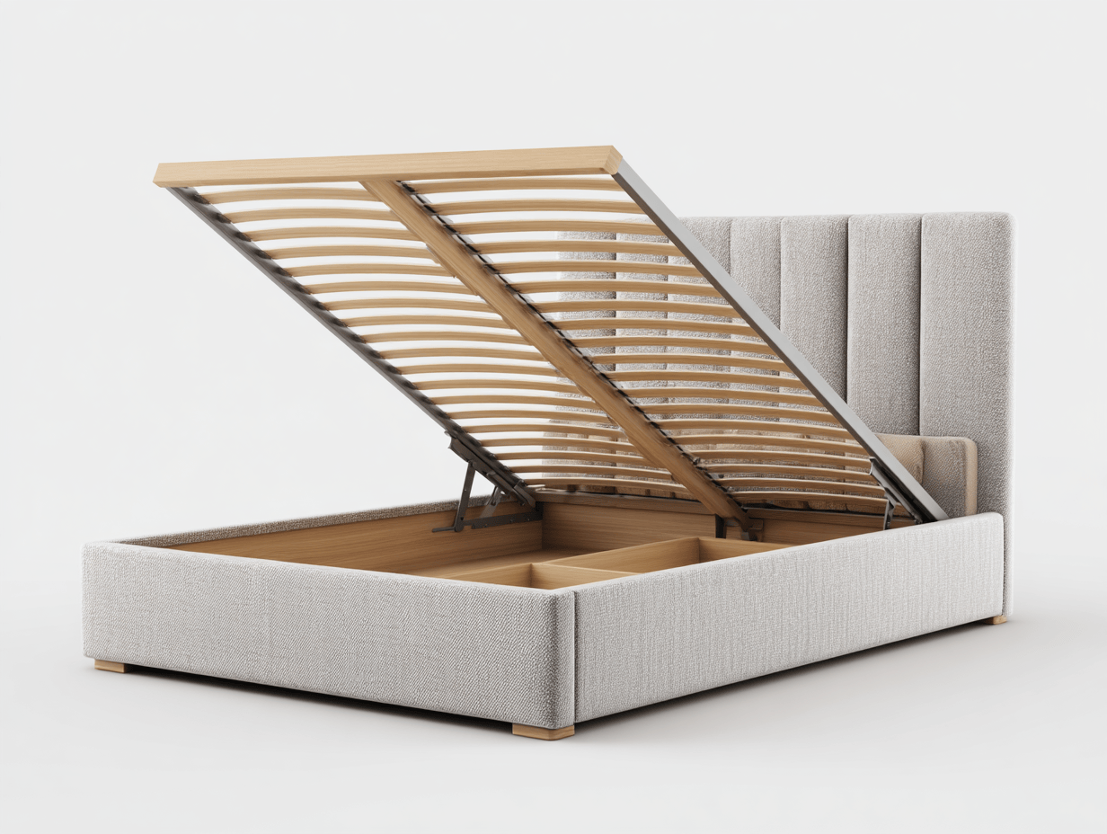 Lit double tapissé – beige – avec rangement intégré