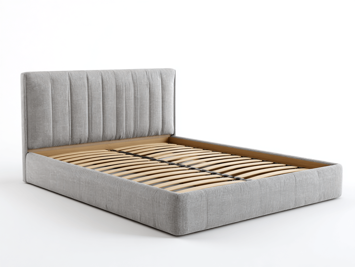 Lit double tapissé – tissu gris clair côtelé – design fixe contemporain