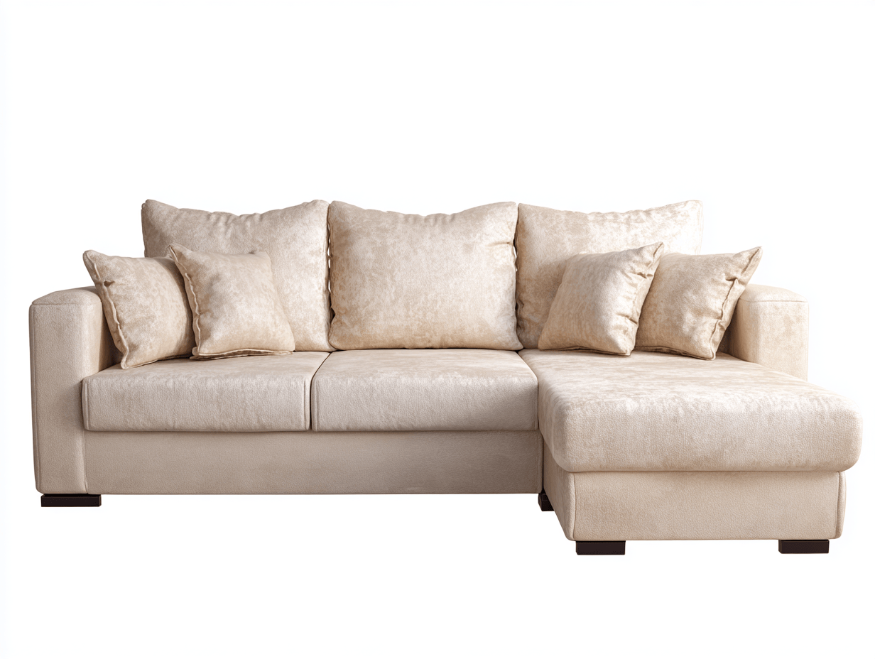 Canapé d'angle en tissu – beige – avec méridienne intégrée et coussins décoratifs