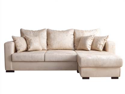 Canapé d'angle en tissu – beige – avec méridienne intégrée et coussins décoratifs