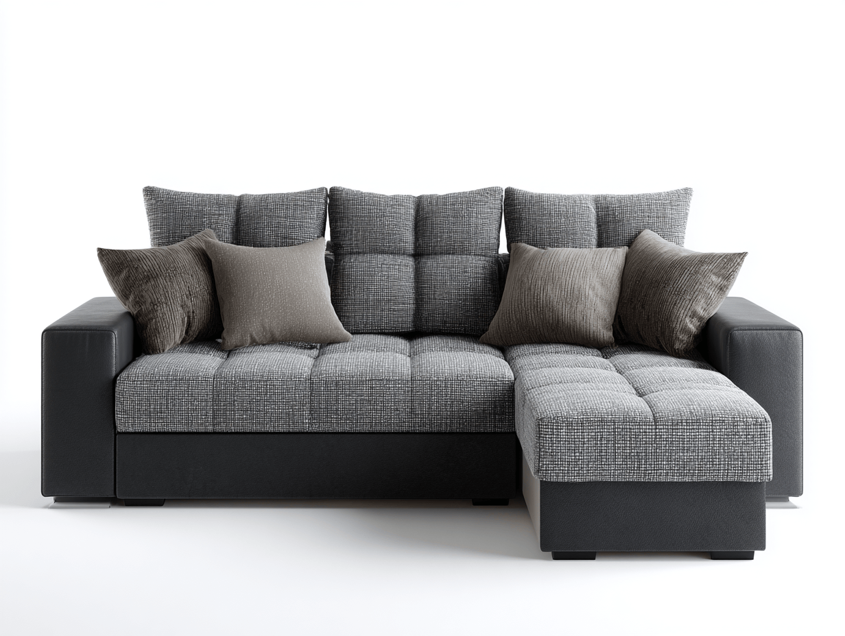 Canapé d'angle en tissu et simili cuir – gris et noir – avec méridienne intégrée et coussins amovibles