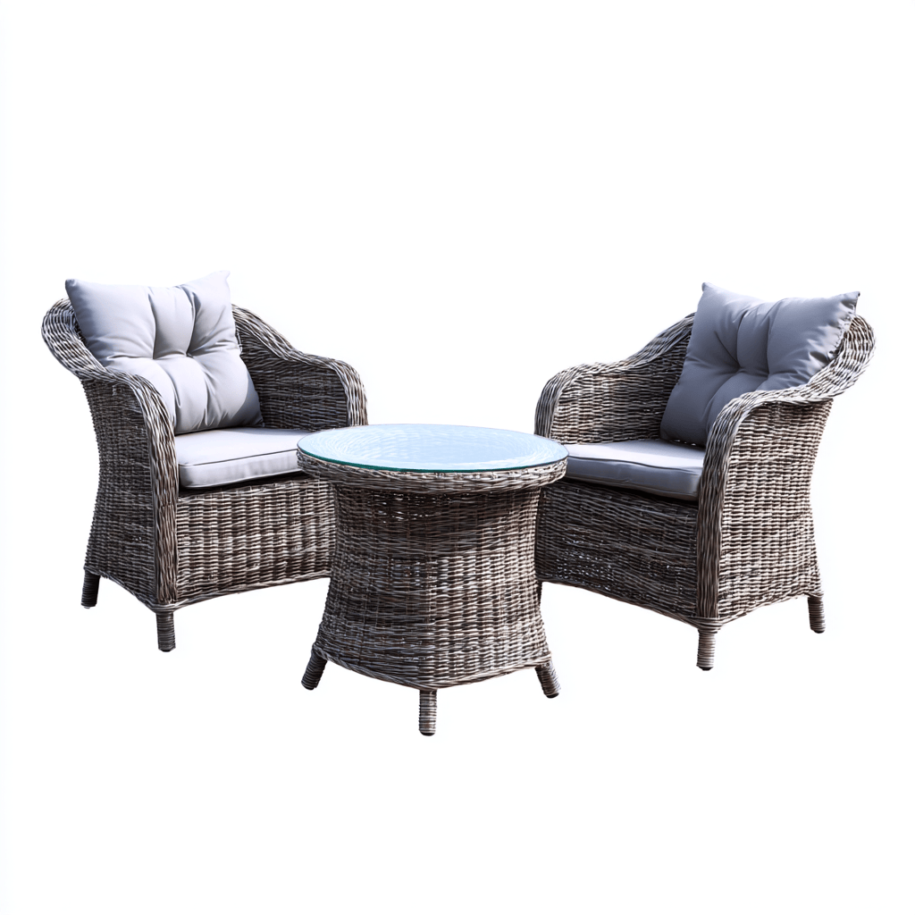 Salon de jardin 3 pièces – résine tressée – gris – avec coussins moelleux et table ronde en verre