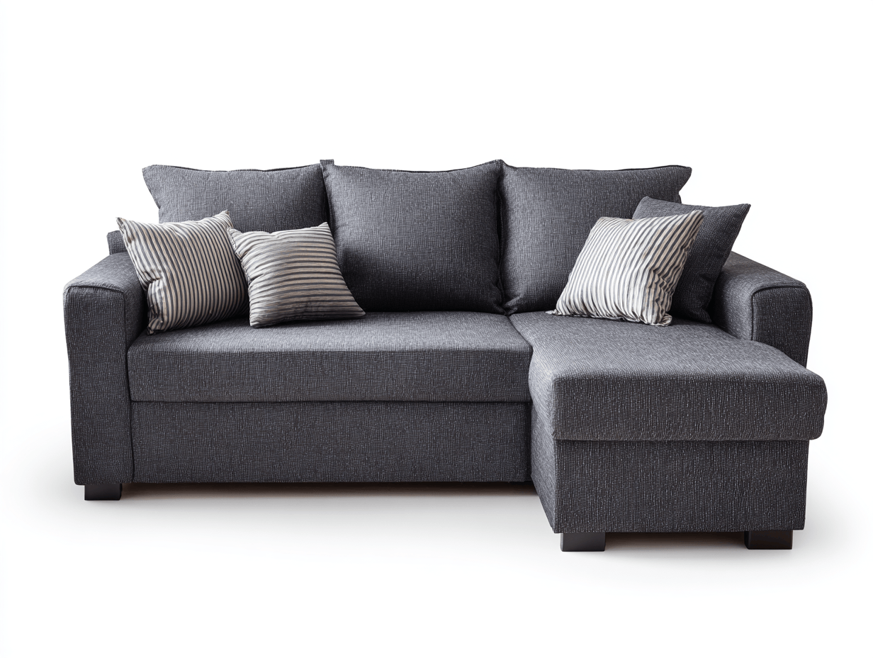 Canapé d'angle en tissu gris foncé – avec méridienne fixe – 4 coussins décoratifs inclus