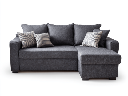 Canapé d'angle en tissu gris foncé – avec méridienne fixe – 4 coussins décoratifs inclus