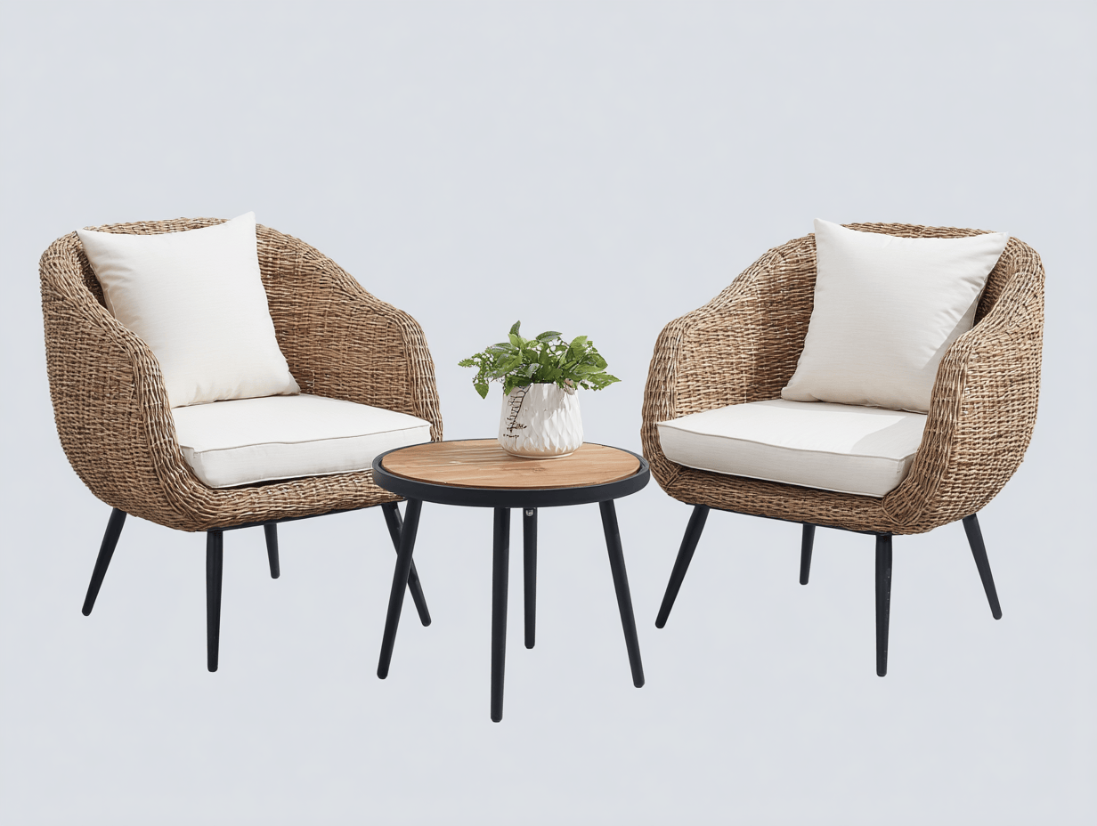 Salon de jardin 3 pièces – rotin synthétique – marron/blanc – avec table effet bois et coussins blancs