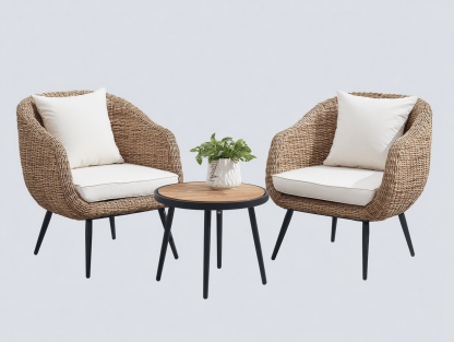 Salon de jardin 3 pièces – rotin synthétique – marron/blanc – avec table effet bois et coussins blancs