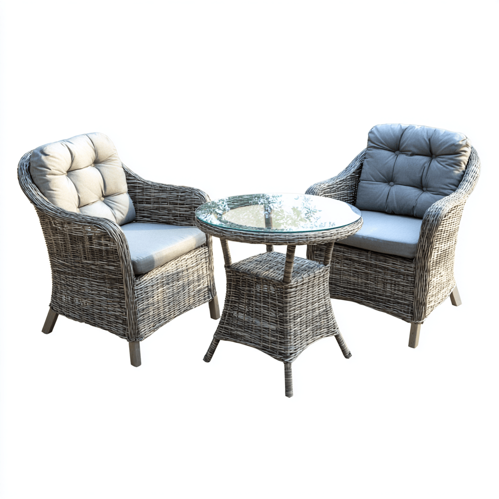 Salon de jardin 3 pièces – résine tressée – gris – avec coussins matelassés et table en verre