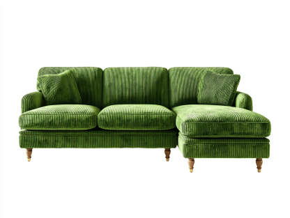 Canapé d'angle en velours côtelé – vert – avec méridienne intégrée et pieds en bois à embouts métalliques