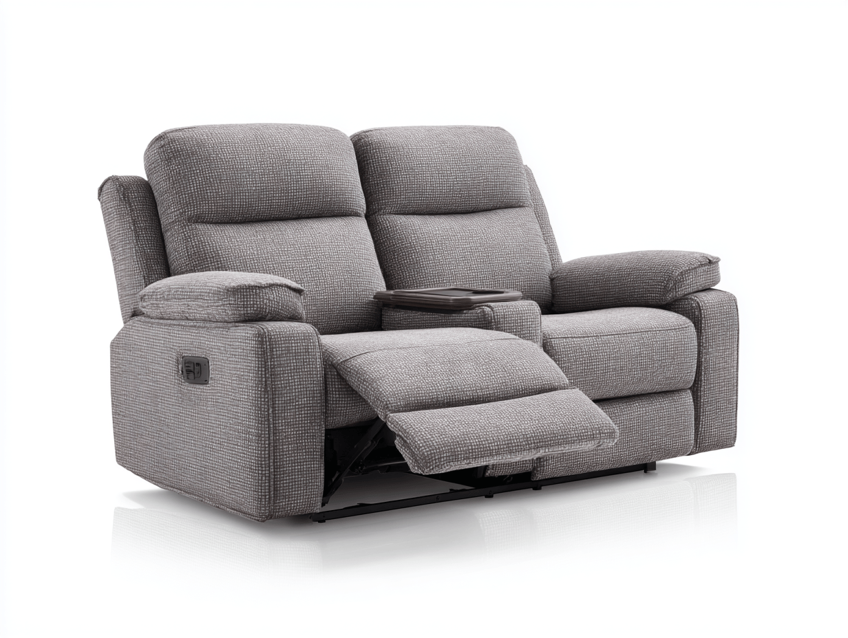 Canapé 2 places relax électrique en tissu – gris – avec console centrale et repose-pieds motorisés