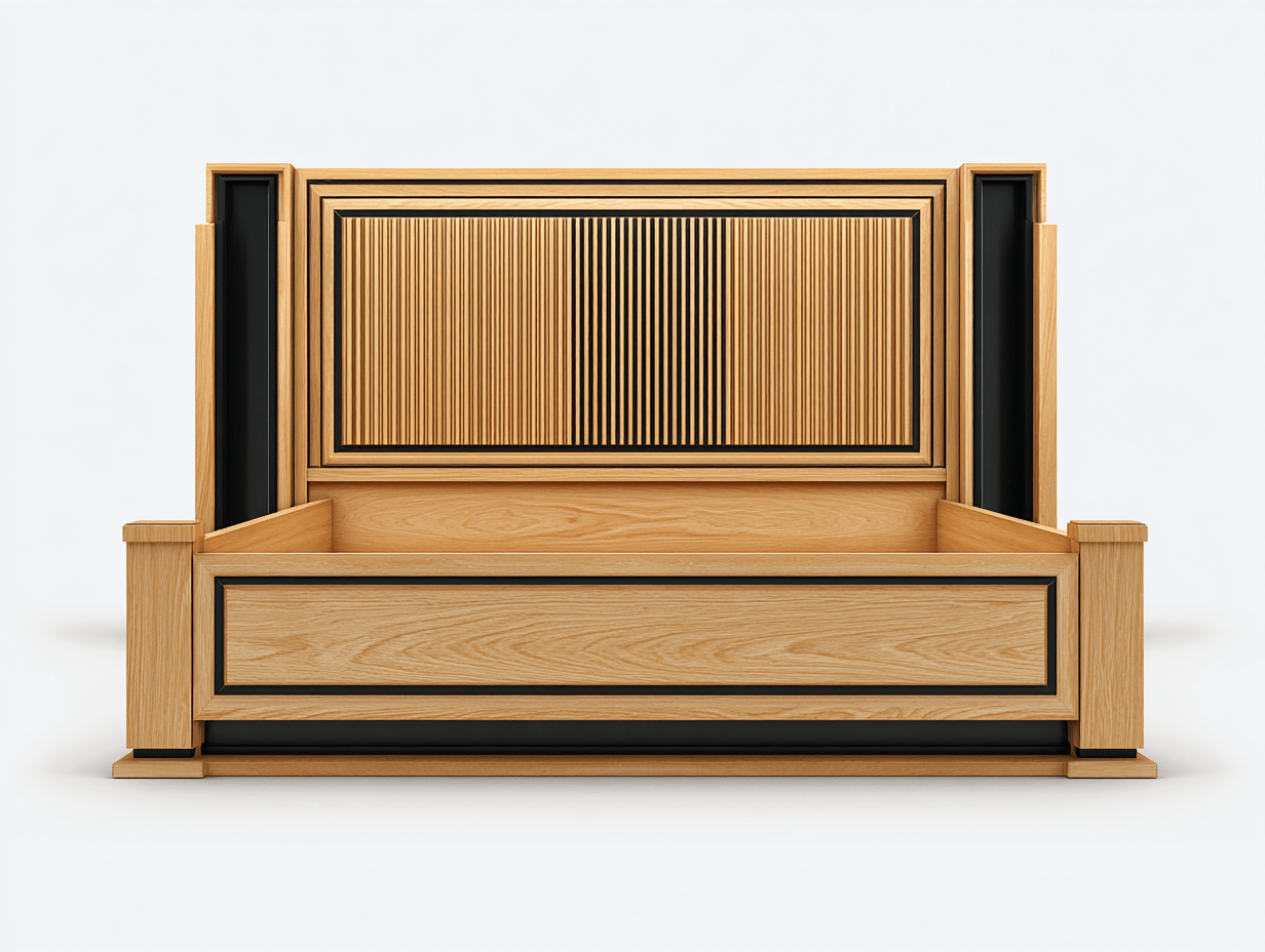 Lit double – chêne naturel et noir – design moderne avec tête de lit rainurée