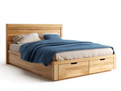 Lit double avec rangement – bois clair naturel – design à lattes moderne