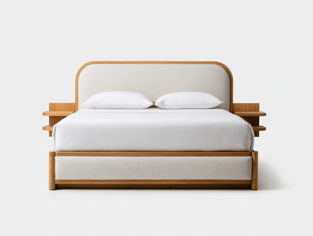 Lit double contemporain – bois clair et tissu blanc cassé – avec étagères latérales et coussins décoratifs