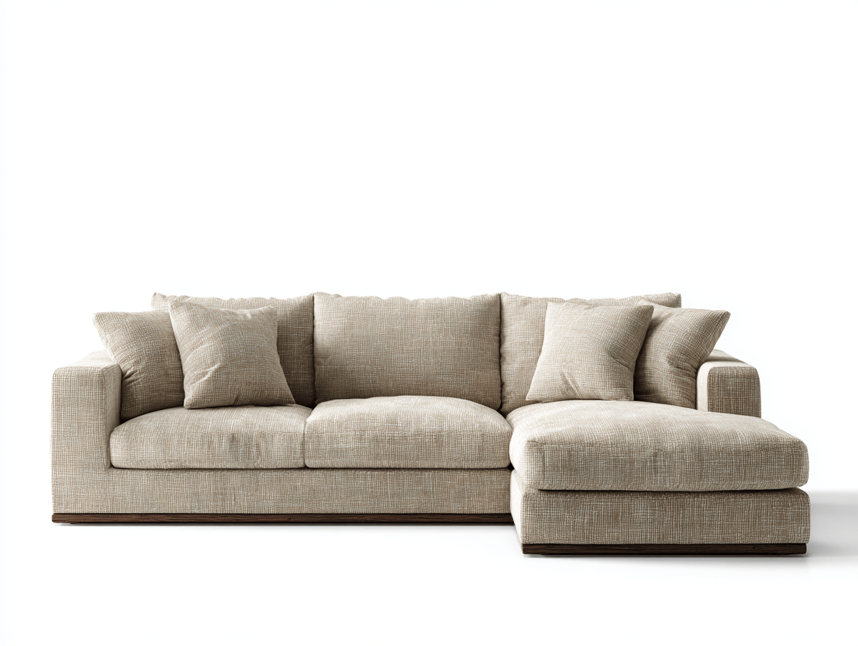 Canapé d'angle en tissu – beige – avec méridienne intégrée et coussins décoratifs