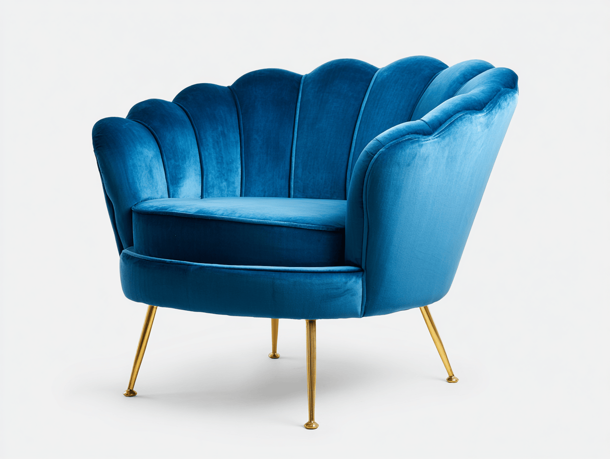Fauteuil en velours – bleu – dossier coquille avec pieds dorés