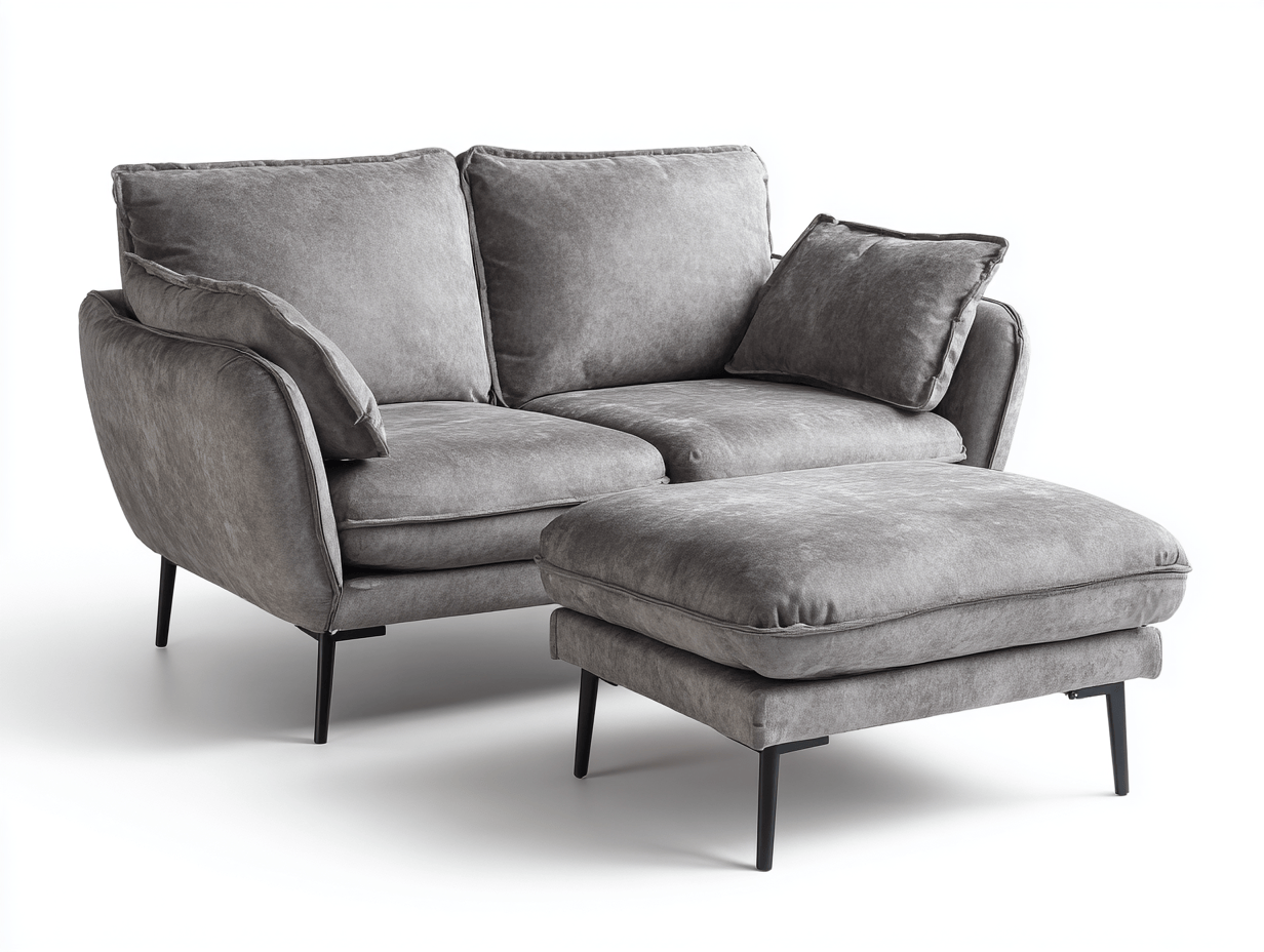 Canapé 2 places – tissu gris – avec pouf assorti et coussins inclus