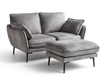 Canapé 2 places – tissu gris – avec pouf assorti et coussins inclus