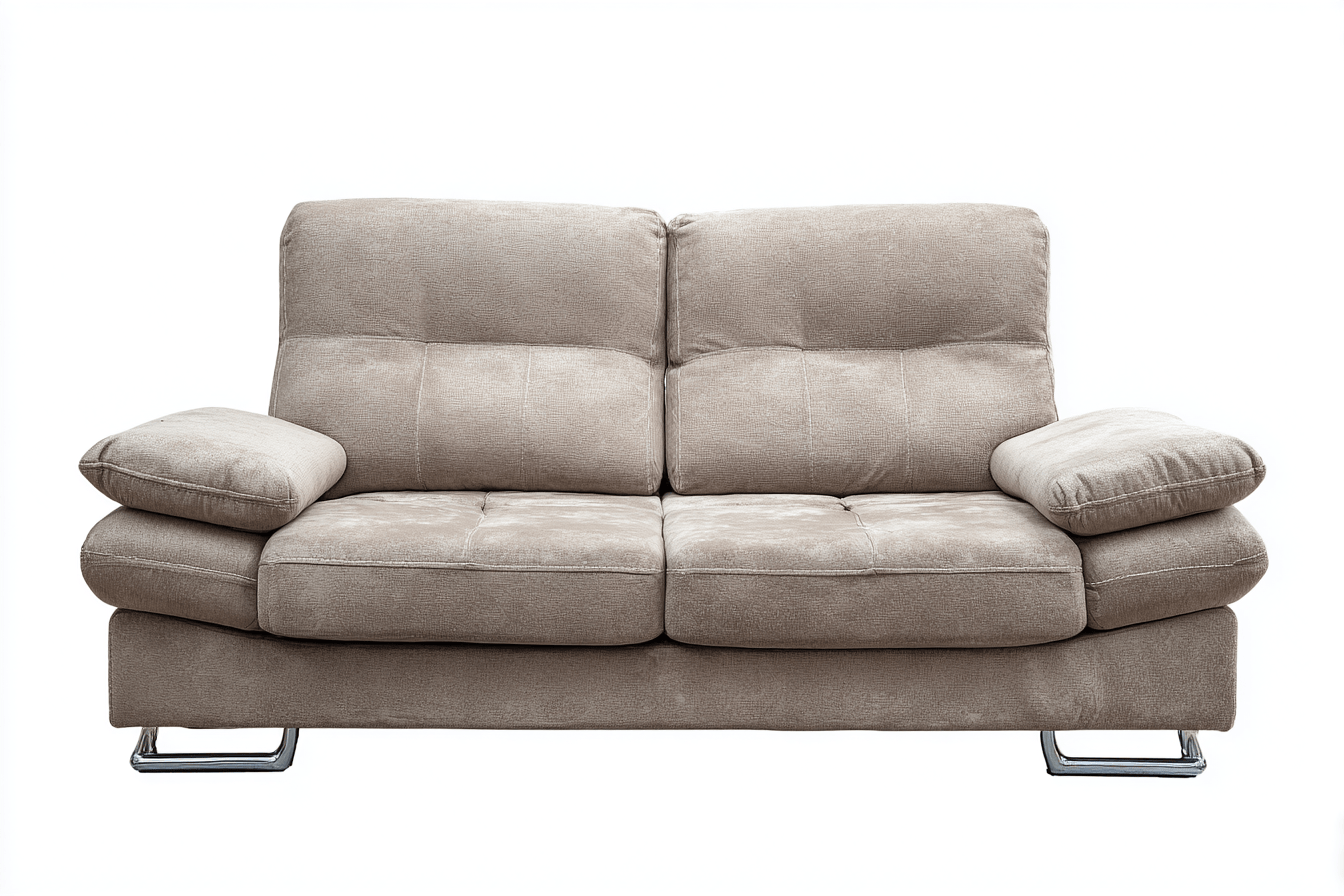 Canapé 2 places en tissu – beige – avec pieds en métal chromé et accoudoirs rembourrés