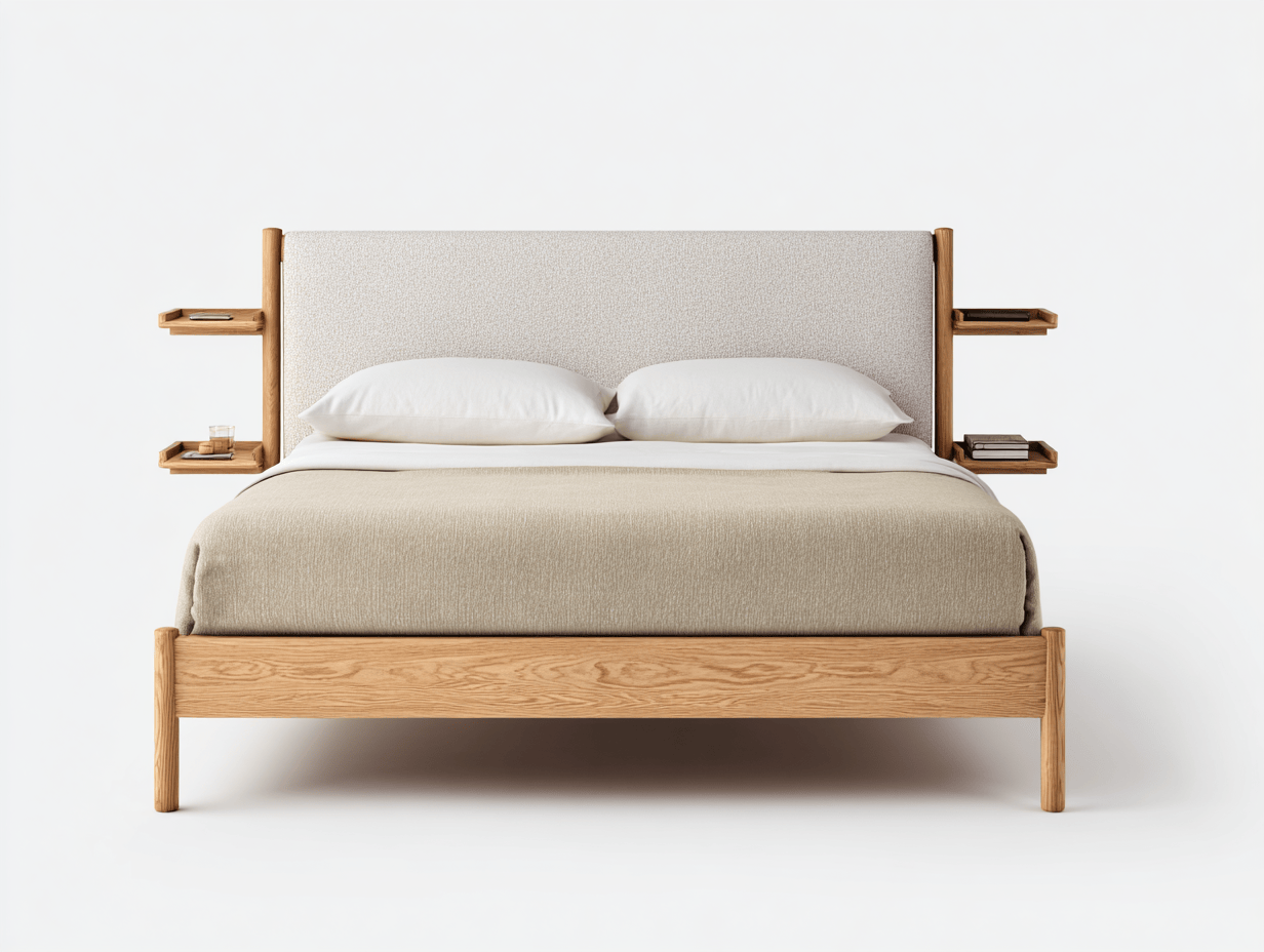 Lit double en bois – chêne et tissu beige – avec tête de lit, étagères et coussins blancs