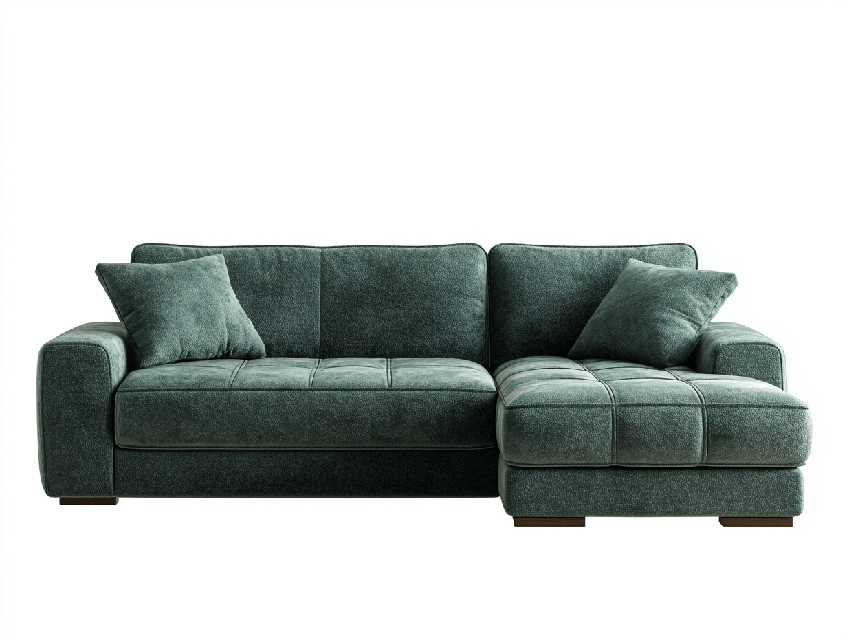 Canapé d'angle en tissu – vert foncé – avec méridienne intégrée et coussins décoratifs