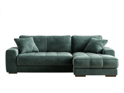 Canapé d'angle en tissu – vert foncé – avec méridienne intégrée et coussins décoratifs