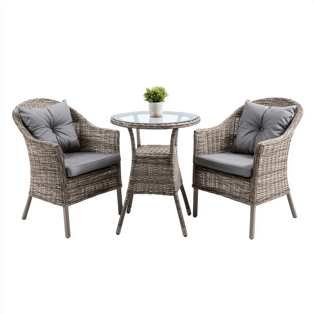 Salon de jardin 3 pièces – rotin synthétique – marron/gris foncé – avec table en verre et coussins rembourrés