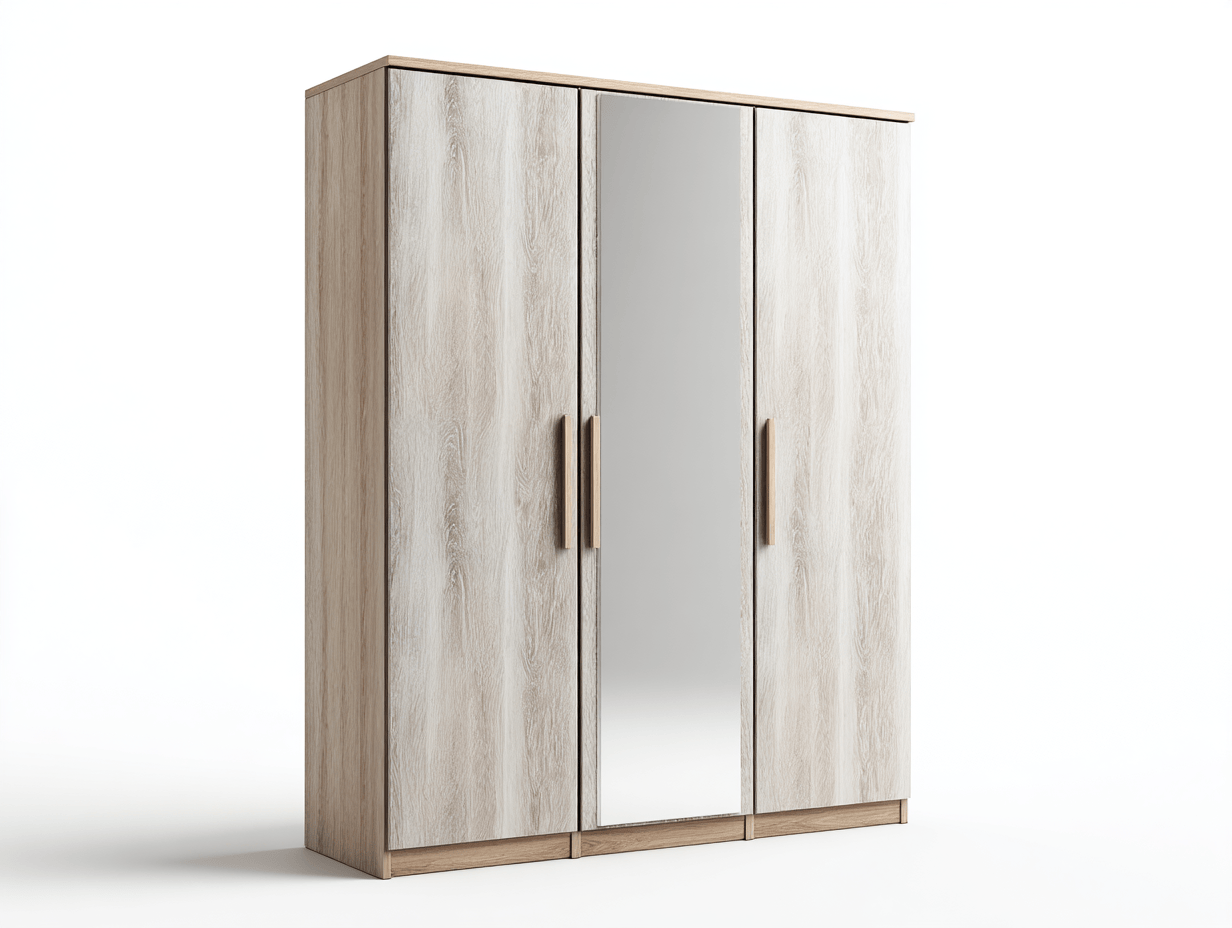 Armoire de rangement – bois – chêne clair et gris – avec miroir central