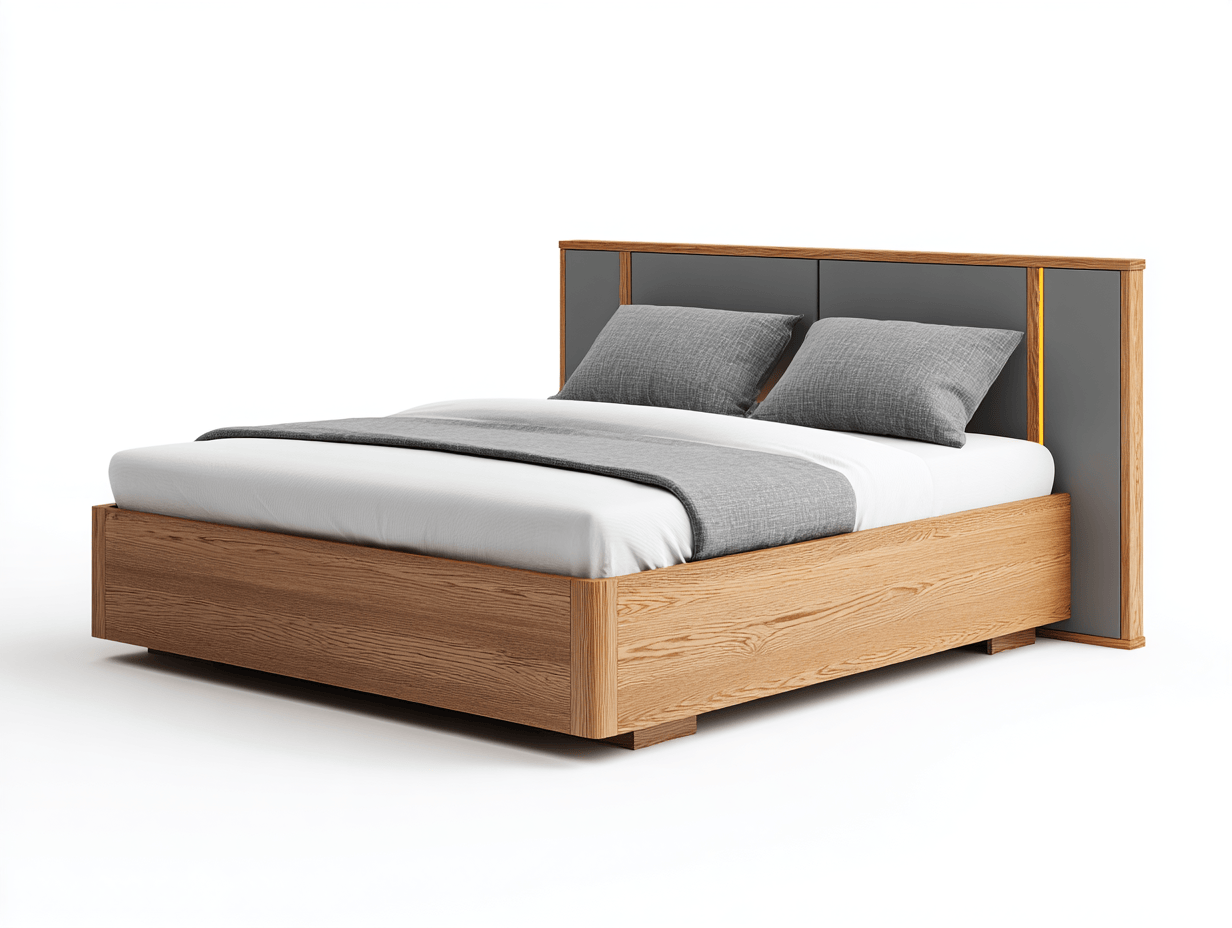 Lit double en bois – chêne naturel et gris – avec tête de lit design et coussins inclus