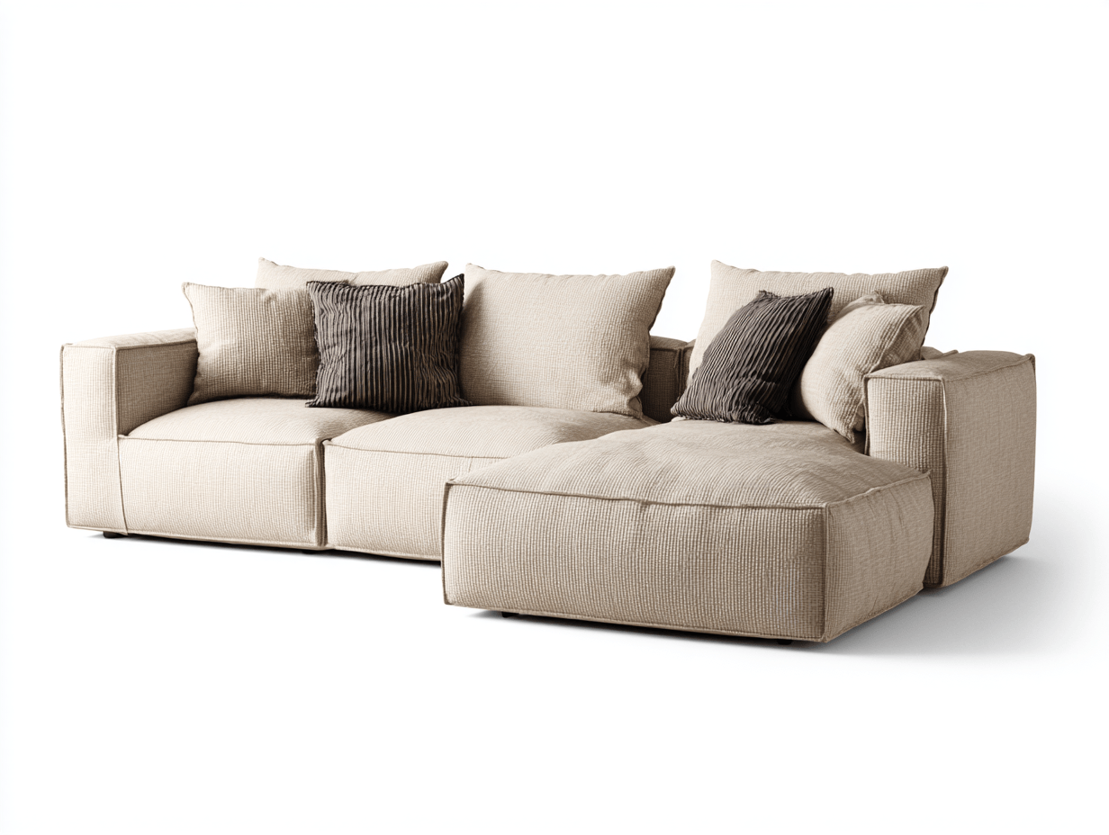 Canapé d'angle en tissu beige – avec méridienne intégrée – coussins amovibles et décoratifs