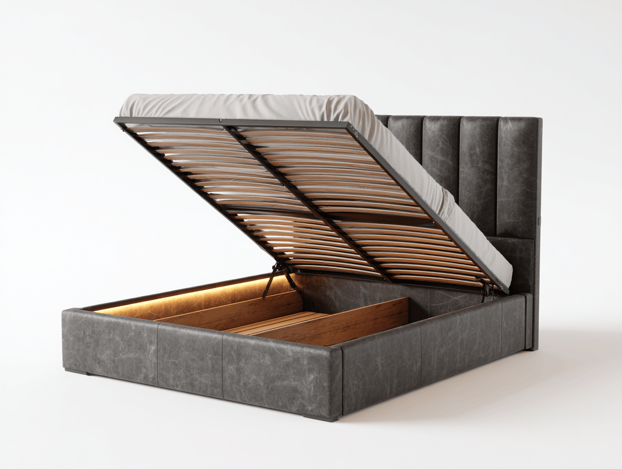 Lit double en similicuir – gris foncé – avec rangement intégré et tête de lit matelassée