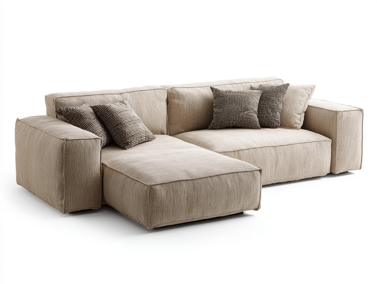 Canapé d'angle en tissu – beige – avec méridienne fixe et cinq coussins décoratifs