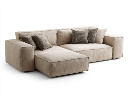 Canapé d'angle en tissu – beige – avec méridienne fixe et cinq coussins décoratifs