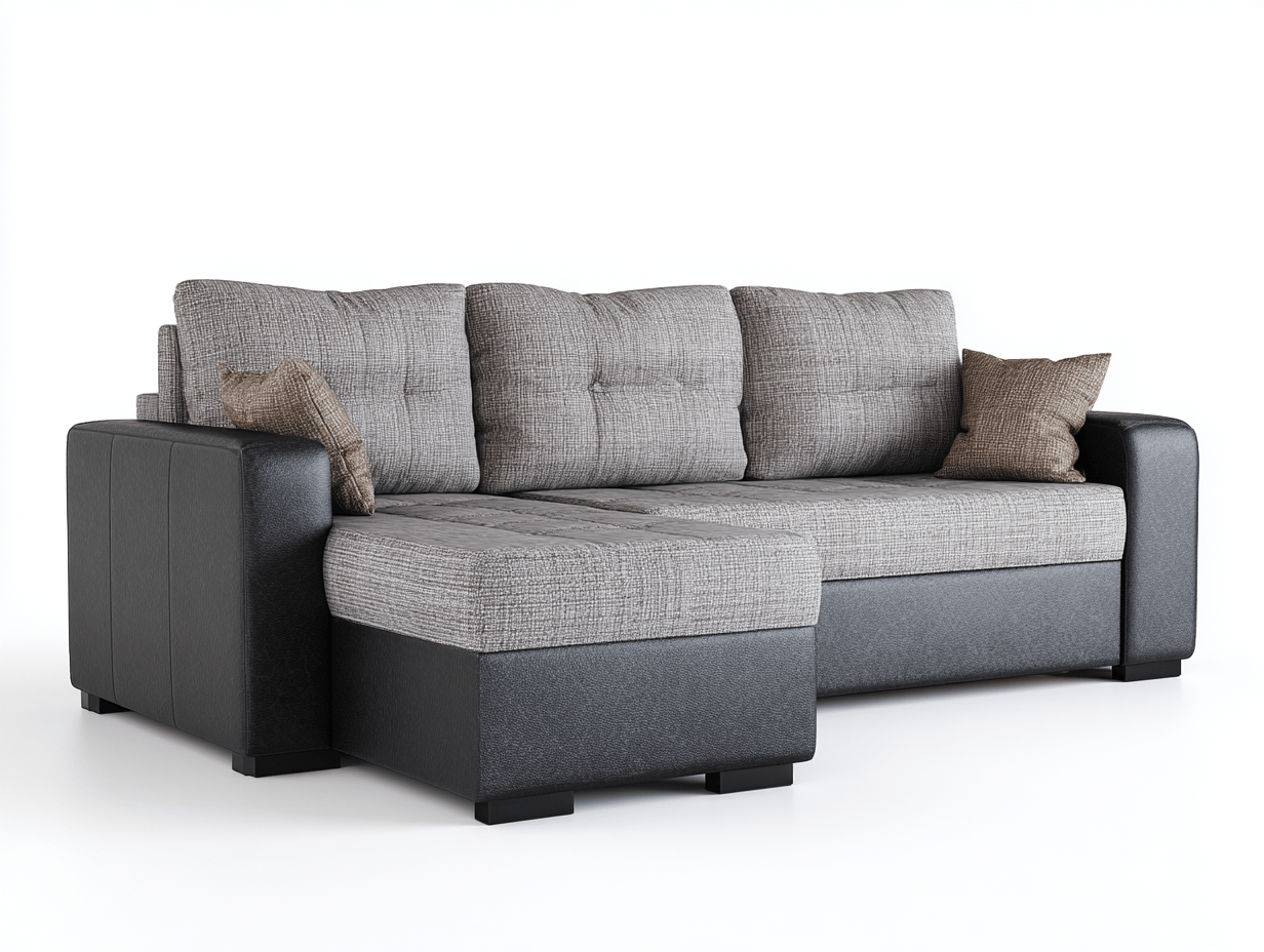 Canapé d'angle en tissu et similicuir – noir et gris – avec méridienne intégrée et coussins décoratifs