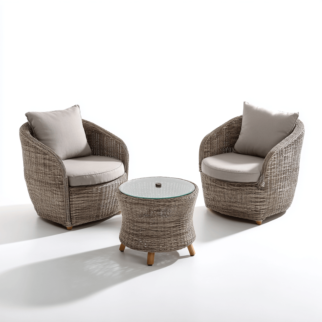 Salon de jardin 3 pièces – rotin synthétique – marron/gris – design arrondi