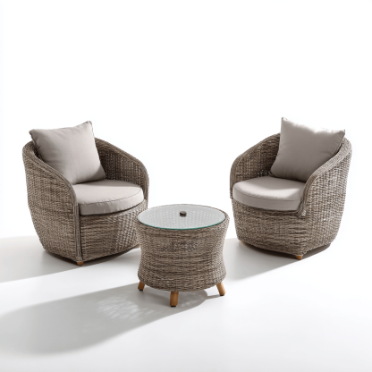 Salon de jardin 3 pièces – rotin synthétique – marron/gris – design arrondi