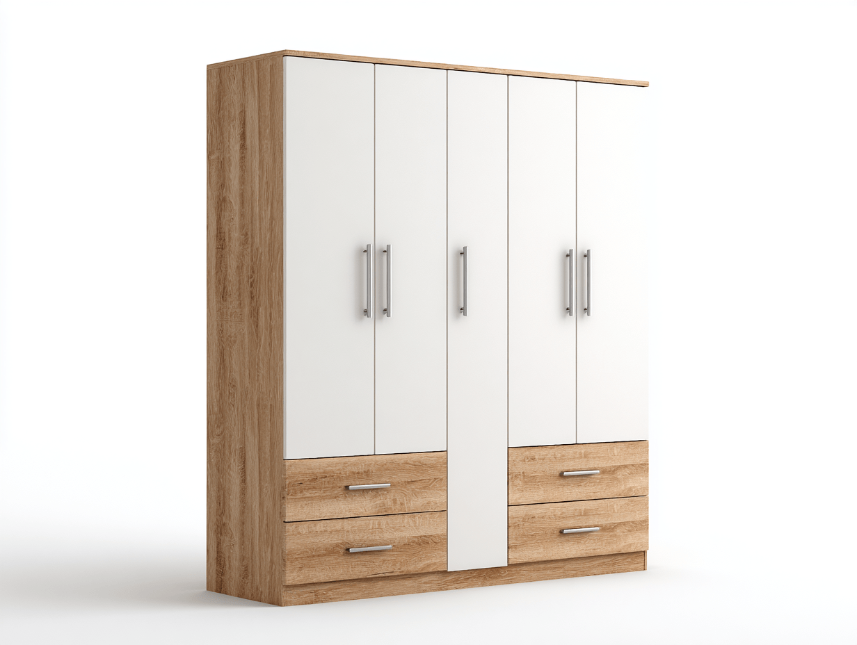 Armoire de rangement – bois blanc et chêne – avec cinq portes et tiroirs