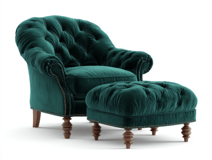 Fauteuil capitonné avec repose-pieds – velours vert foncé – pieds en bois tourné