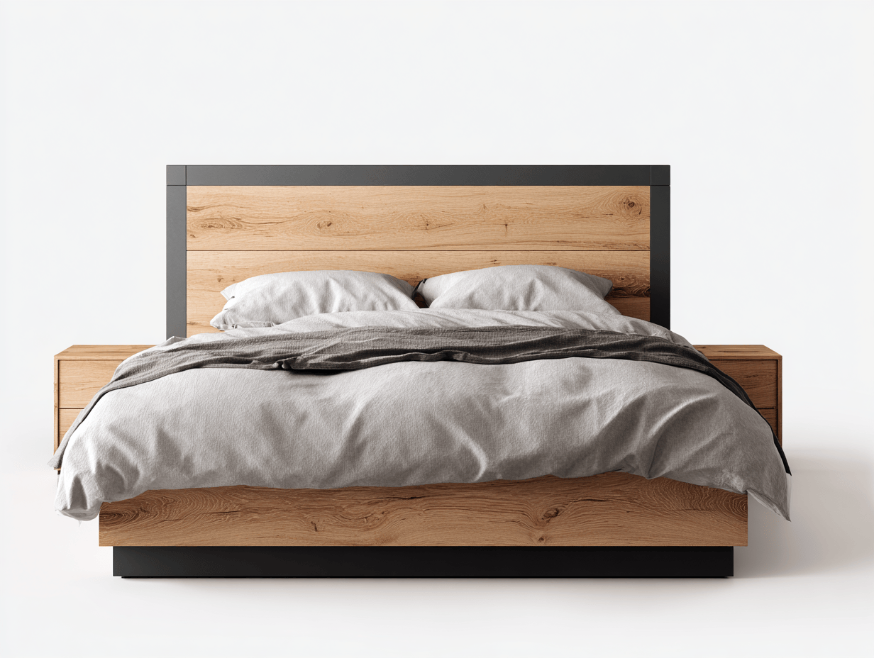 Lit double – bois naturel et cadre noir – style moderne avec deux oreillers et deux tables de chevet