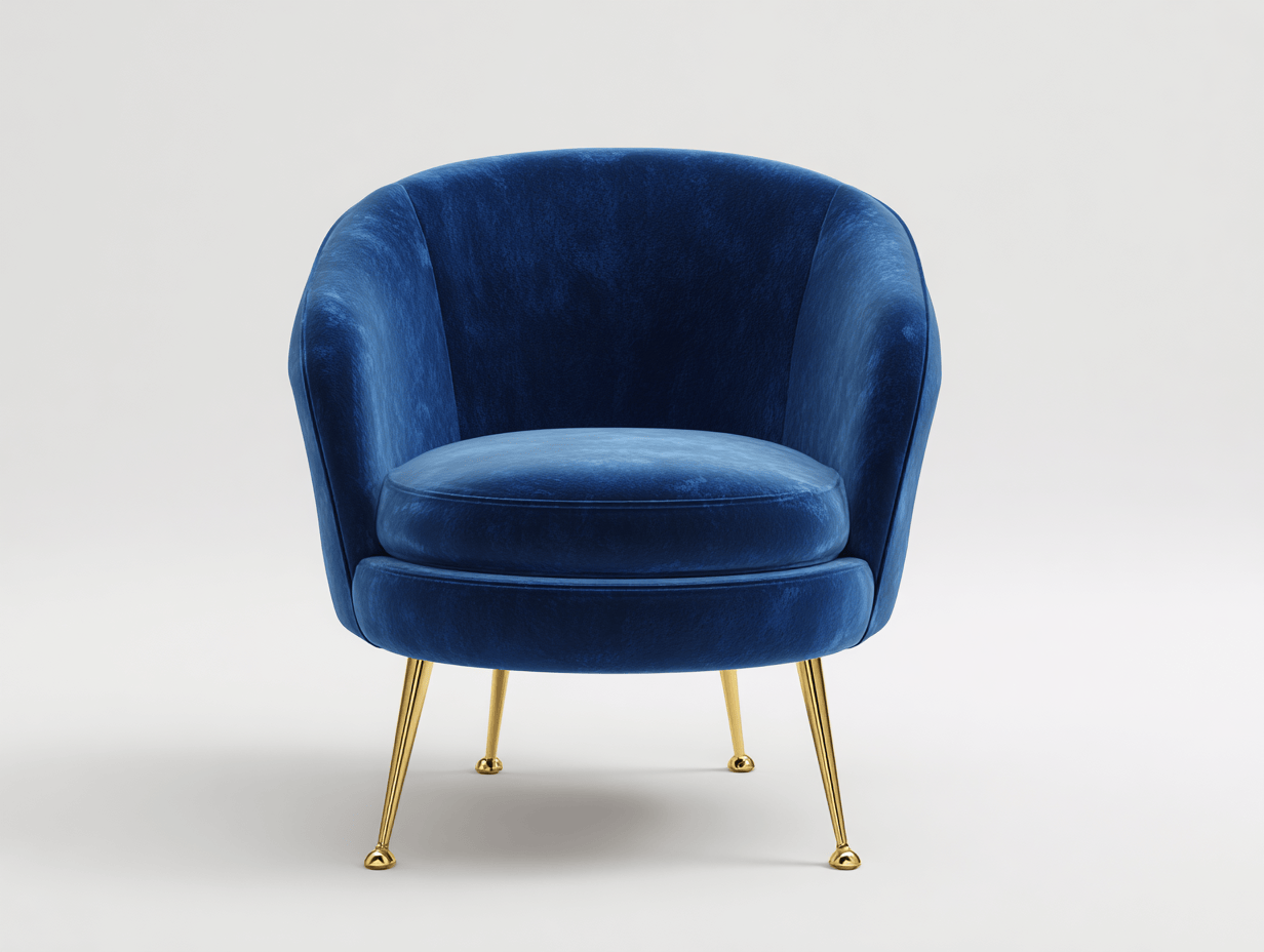 Fauteuil tapissé – velours bleu foncé – pieds dorés en métal