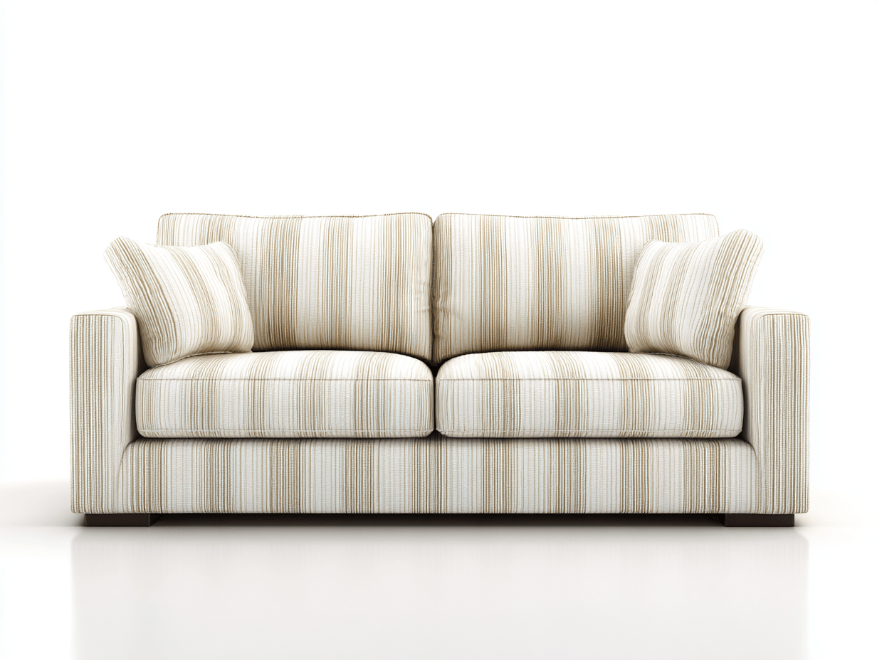 Canapé 2 places – tissu à rayures – beige crème – avec coussins décoratifs