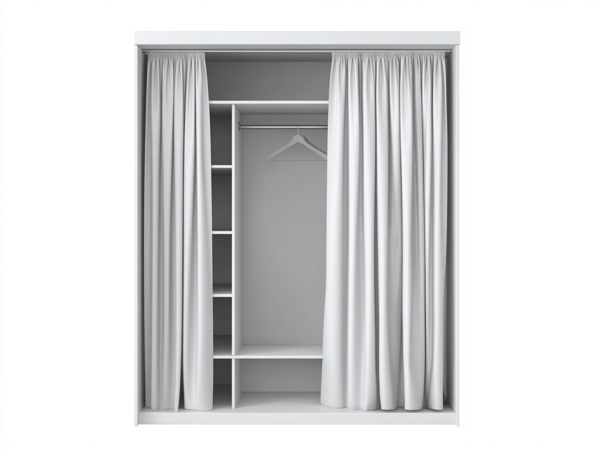 Armoire ouverte avec rideaux – blanc – avec étagères et espace penderie