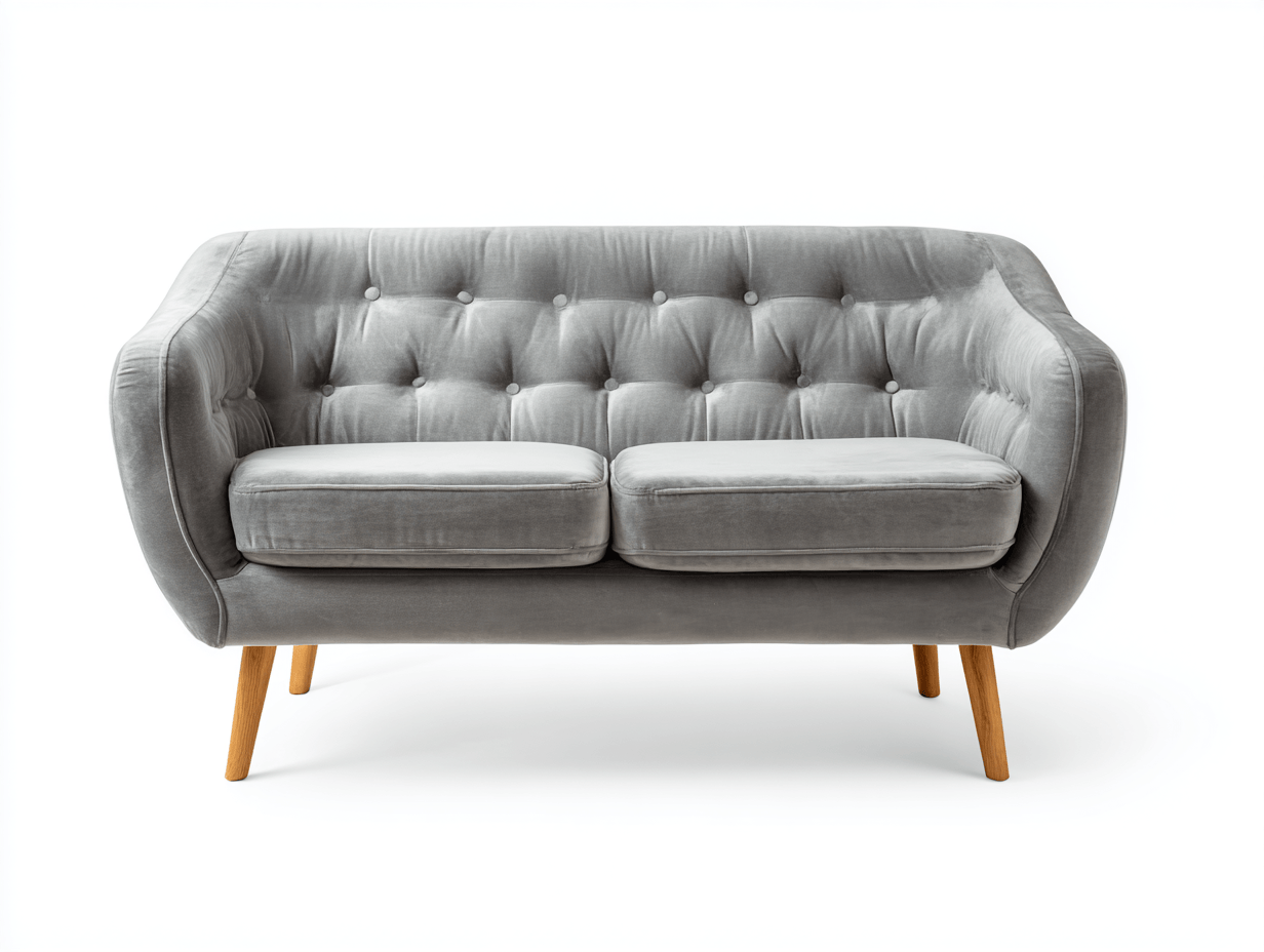 Canapé deux places - velours gris - style scandinave avec dossier capitonné et pieds en bois