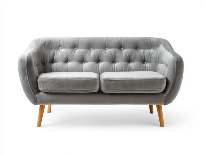 Canapé deux places - velours gris - style scandinave avec dossier capitonné et pieds en bois