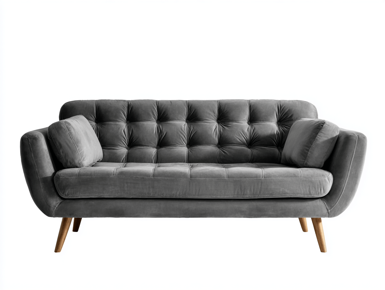 Canapé trois places - velours gris - design moderne avec coussins d’accoudoir et pieds en bois