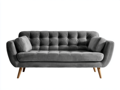 Canapé trois places - velours gris - design moderne avec coussins d’accoudoir et pieds en bois