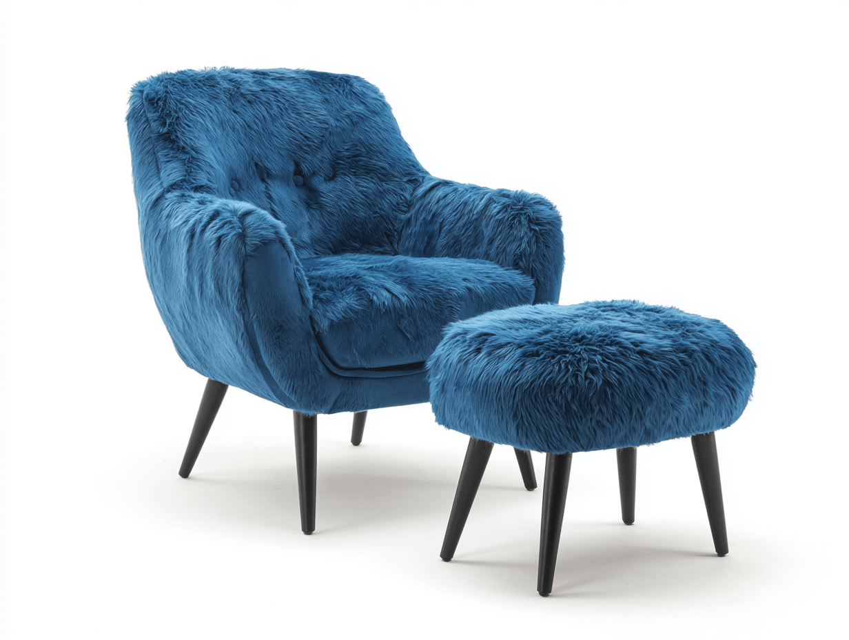 Fauteuil en fausse fourrure – bleu – avec repose-pieds assorti