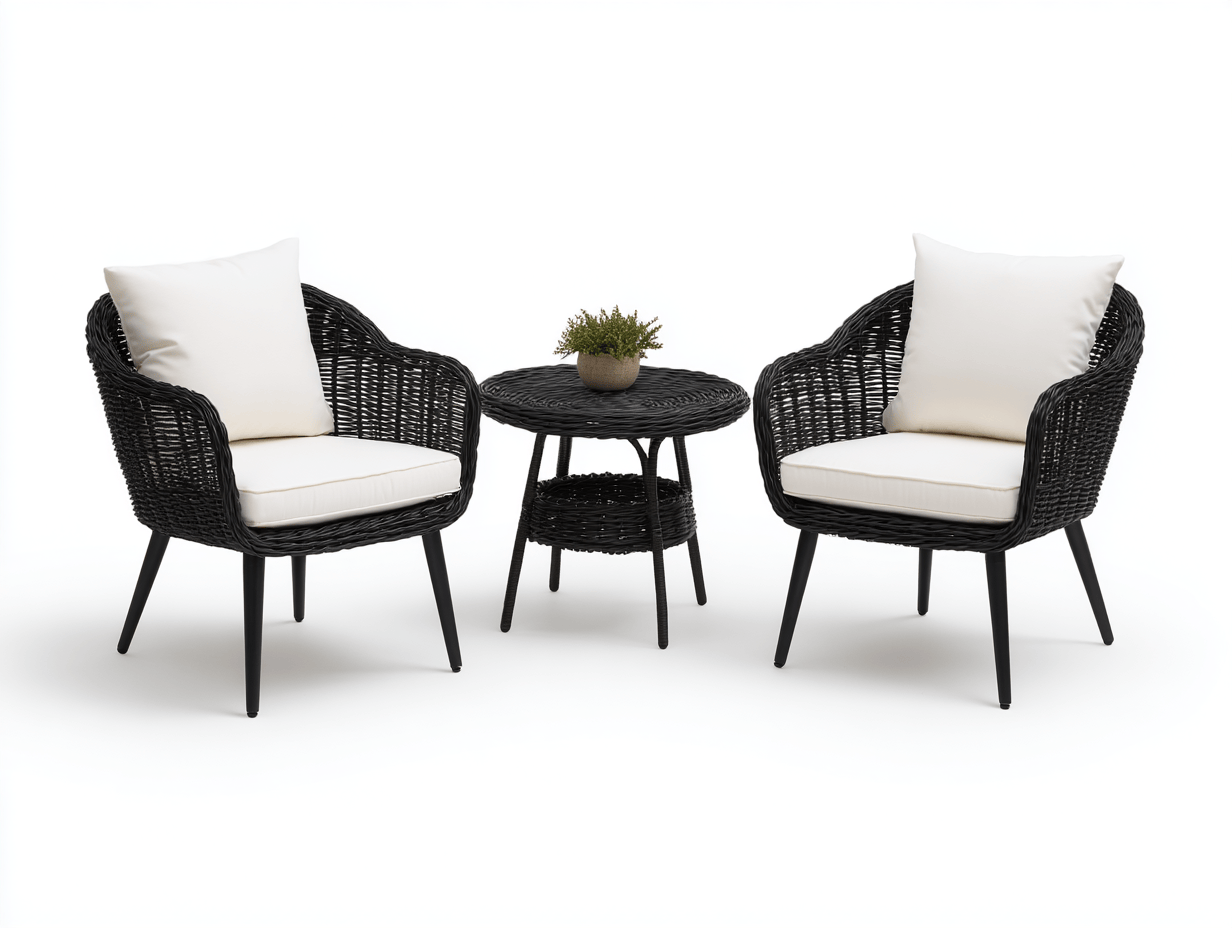 Salon de jardin 3 pièces – rotin synthétique – noir/blanc – avec coussins blancs et table ronde basse