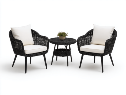 Salon de jardin 3 pièces – rotin synthétique – noir/blanc – avec coussins blancs et table ronde basse