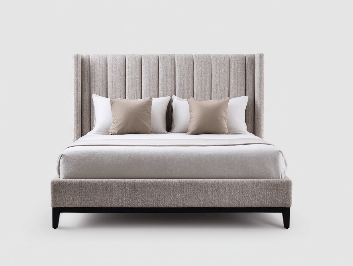 Lit double tapissé – beige – avec tête de lit haute et quatre oreillers inclus